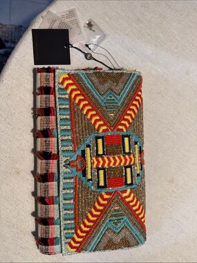 Beaded Embroidered Clutch Wristlet in Turquoise & Red Accent